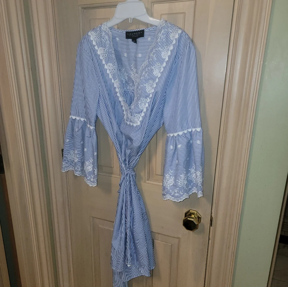Misses sz M Laundry by Shelli Segal Blue white embroidered Dress Tie Belt - Picture 9 of 10